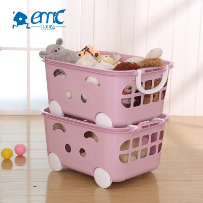 Large plastic household toy storage box with wheels for children